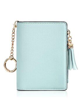 Small RFID Wallet Women Leather Slim ID Window Coin Zip Tassel Keychain Blue